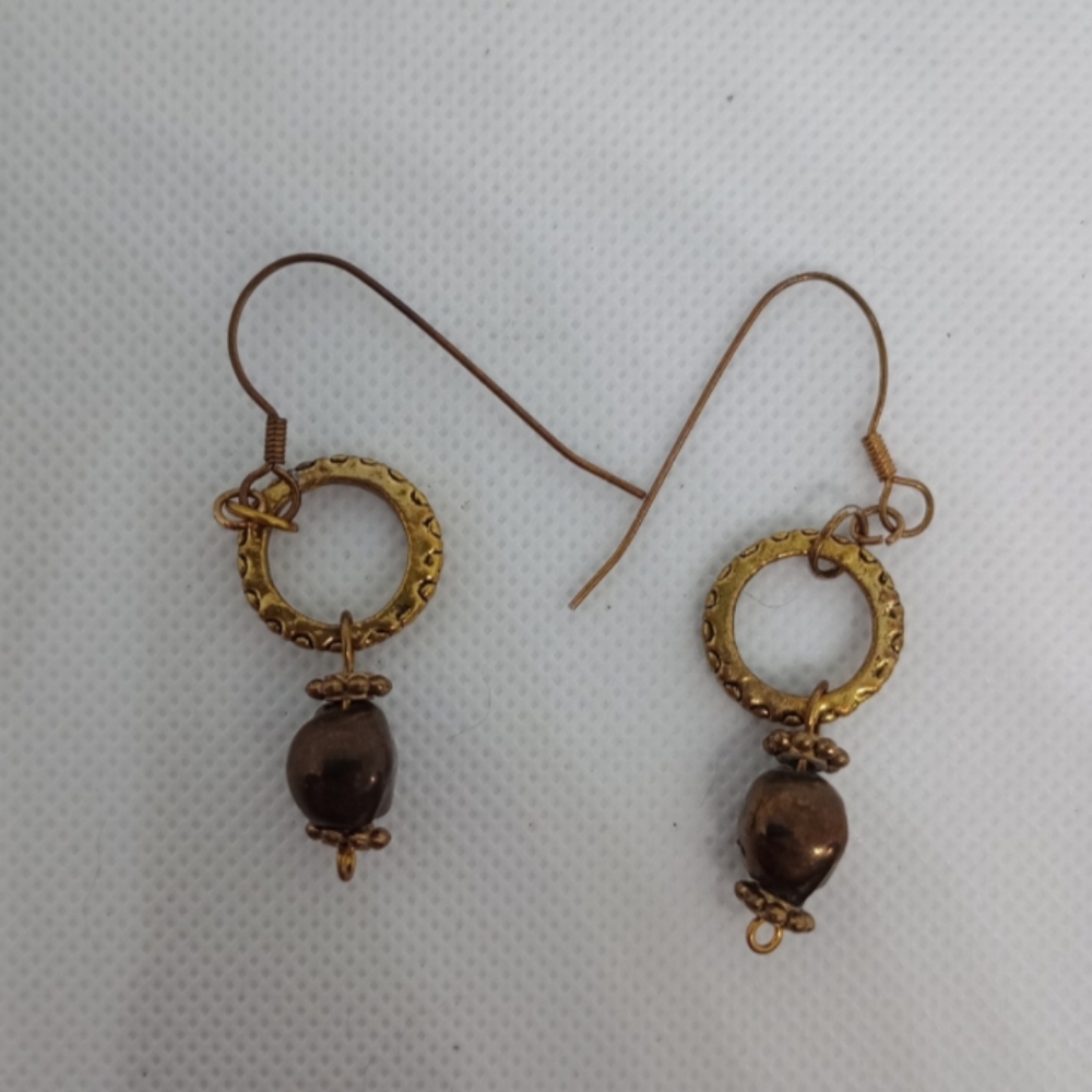 Hand Crafted Pearl Earrings Brown Brass Dangle Drop Autumn Fall Gift Self Care